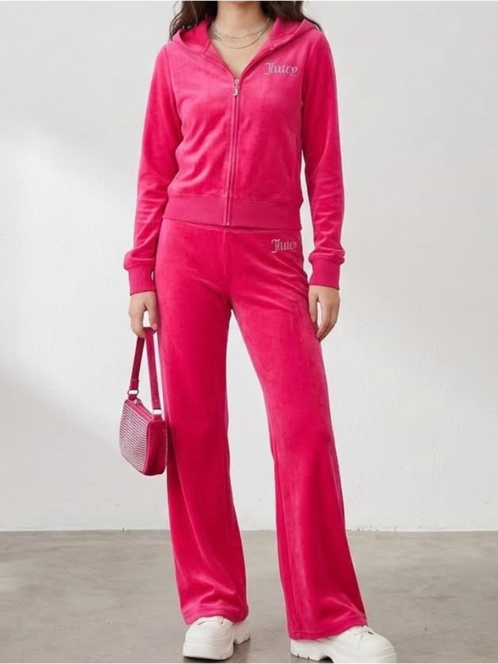 Juicy Couture Pink Knit Tracksuit Set Rhinestone Logo Hoodie Flare Pants XL NWT